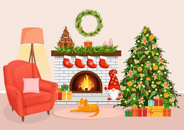 圣诞舒适的家内部 有壁炉 扶手椅 灯和猫 斯堪的纳维亚和苏格兰风格 明信片 网站房间的矢量图解 — 图库矢量图片