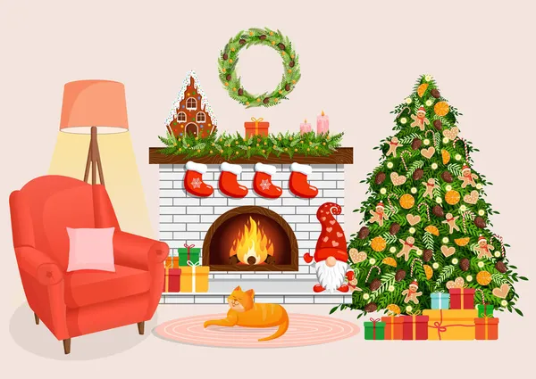 Christmas Cozy Home Interior Fireplace Tree Gifts Armchair Lamp Cat — Stock Vector