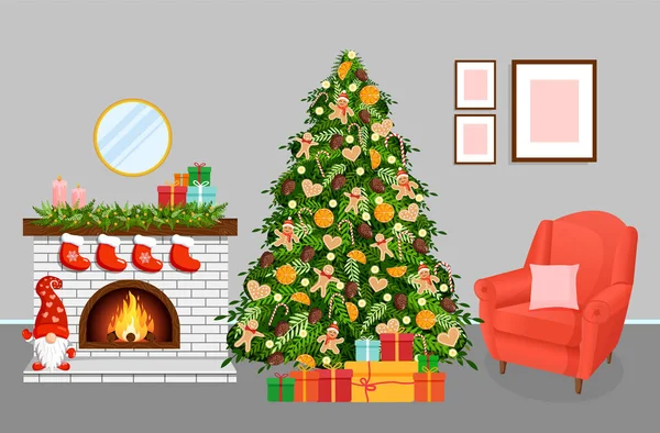 Christmas Cozy Home Interior Fireplace Tree Gifts Armchair Scandinavian Hygge — Stock Vector