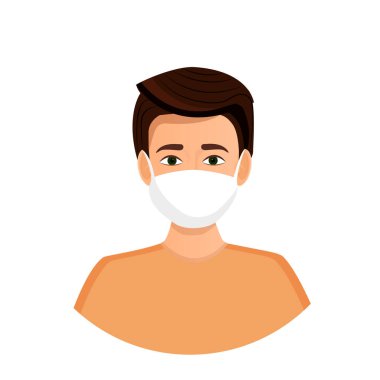 Koronavirüs, grip, hava kirliliği, virüsler ve hastalıklardan korunmak için maske takan esmer bir adamın Avatar 'ı. Genç bir adamın portresi. Bir yüzün vektör illüstrasyonu