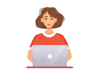 Kadın bilgisayarda çalışıyor. Uzaktan çalışma, serbest çalışma, ev ofisi, programlama, eğitim. İnternetteki iletişim, online toplantılar. Vektör illüstrasyonu