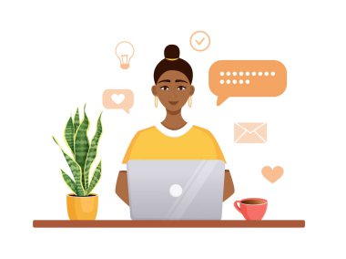 Kadın bilgisayarda çalışıyor. Uzaktan çalışma, serbest çalışma, ev ofisi, programlama, eğitim. İnternetteki iletişim, online toplantılar. Vektör illüstrasyonu