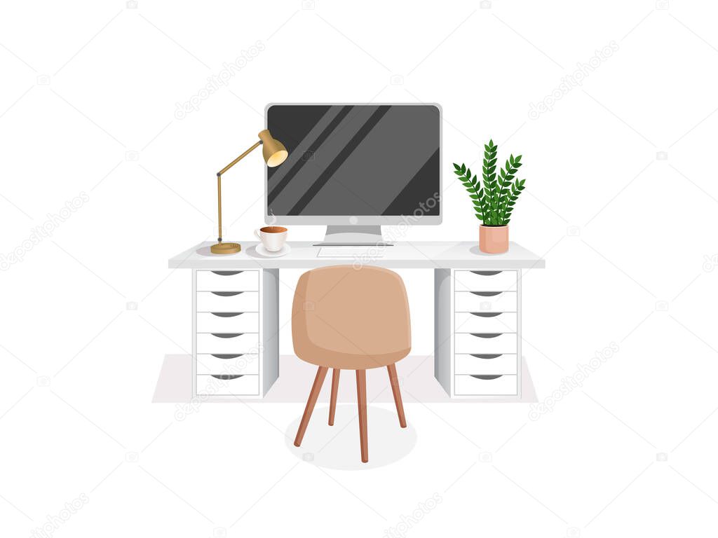 Workspace with a computer, table, plant, lamp and cup on an isolated white background for home office, cabinet, remote work, freelancing, teaching. Vector illustration in flat cartoon style.