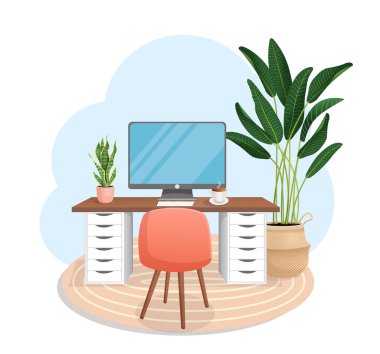 Çalışma alanı bilgisayar, masa, bitki, sandalye, halı ve fincanla ev ofisi, dolap, uzaktan çalışma, serbest çalışma, öğretmenlik için izole edilmiş beyaz arka plan. Çizgi film tarzında vektör illüstrasyonu