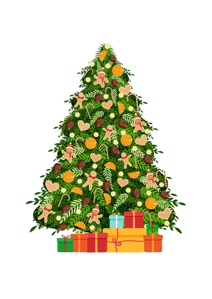 Vánoční Stromek Přírodními Hračkami Perníkového Muže Perník Suchý Pomeranč Věnce — Stockový vektor