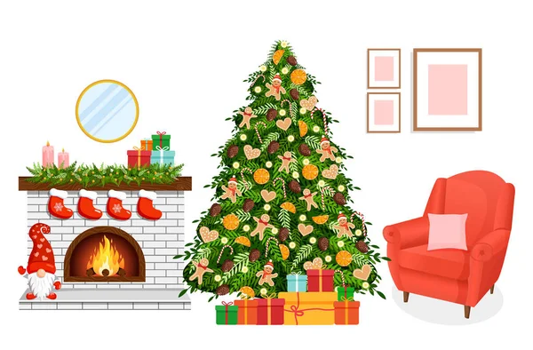 Rumah Yang Nyaman Natal Interior Dengan Perapian Pohon Hadiah Kursi - Stok Vektor