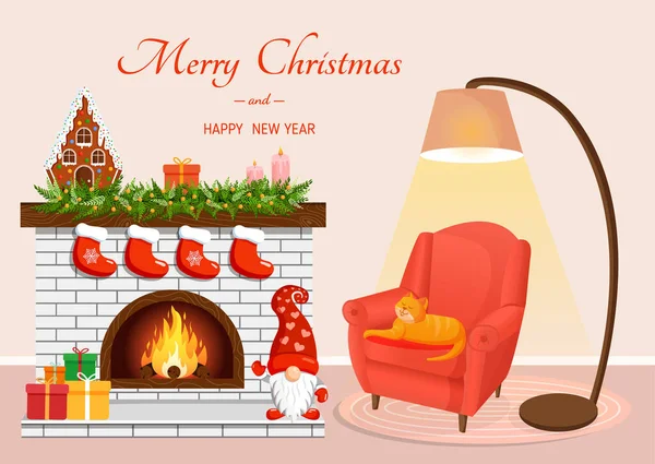 圣诞节舒适舒适的家内部 有壁炉 扶手椅 猫和灯 斯堪的纳维亚和苏格兰风格 明信片 网站房间的矢量图解 — 图库矢量图片
