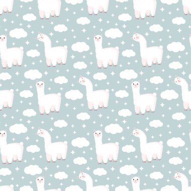 Tuhaf lama, bulutlar ve gri arka planda yıldızlar olan kusursuz bir desen. Bebek dokusu, tekstil, kumaş, poster, tebrik kartı ve dekor için uygun vektör çizimi. Peru 'dan tatlı alpaka.