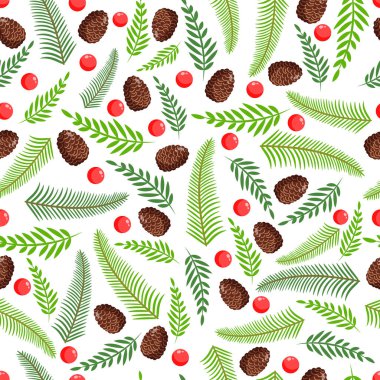 Doğal çam, dal, koni ve böğürtlenli Noel dokusu. Mutlu Noeller ve Mutlu Yıllar 'ın temsilcisi. Kusursuz desen. Tasarım ögeleri.