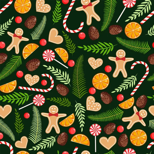 天然松 コーン ガーランド ジンジャーブレッドの男性とクリスマスのテクスチャ お菓子 クッキー 乾燥オレンジ メリークリスマスと新年のイラスト シームレスなパターン — ストックベクタ