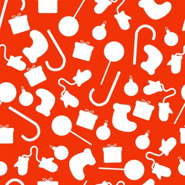 Noel dokusunda tatlı, oyuncak, hediye, çorap ve eldiven. Mutlu Noeller ve Mutlu Yıllar 'ın temsilcisi. Kusursuz desen. Kış tatili