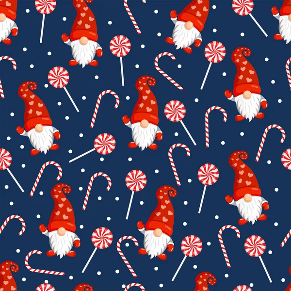 Tekstur Natal Dengan Gnome Dan Permen Merah Vektor Ilustrasi Merry - Stok Vektor
