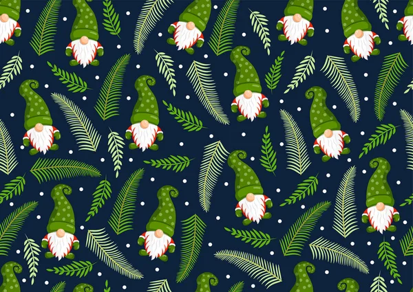 Tekstur Natal Dengan Gnome Dan Cabang Fir Vektor Ilustrasi Merry - Stok Vektor