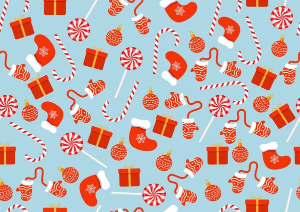 Texture Noël Avec Bonbons Jouets Cadeaux Chaussettes Mitaines Illustration Vectorielle — Image vectorielle