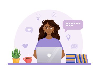 Kadın bilgisayarda çalışıyor. Uzaktan çalışma, serbest çalışma, ev ofisi, programlama, eğitim. İnternetteki iletişim, online toplantılar. Vektör illüstrasyonu