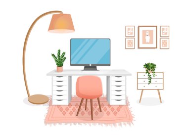 Bilgisayarlı, kabineli, uzaktan kumandalı, serbest çalışan, eğitimli ev işleri için modern iç mekan. Ev bitkileriyle dolu bir işyeri. Çizgi film tarzında vektör illüstrasyonu. Rahat iş yeri ve daire