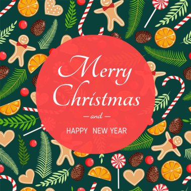Doğal çam, dal, koni, çelenk, zencefilli ekmek, şeker, kurabiye ve kurutulmuş portakallı Noel kartı. Mutlu Noeller ve yeni yılın resmi. Kusursuz desen