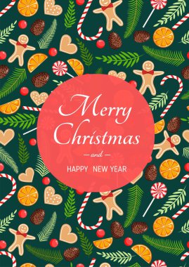 Doğal çam, dal, koni, çelenk, zencefilli ekmek, şeker, kurabiye ve kurutulmuş portakallı Noel kartı. Mutlu Noeller ve yeni yılın resmi. Kusursuz desen