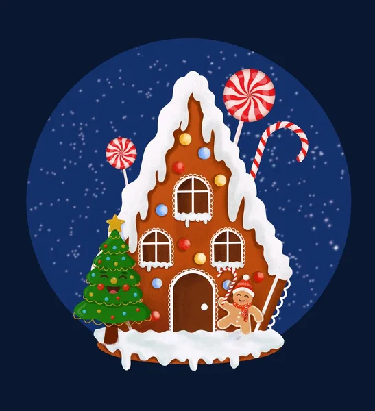 Illustrazione Natale Casa Pan Zenzero Con Albero Caramelle Pan Zenzero — Foto Stock