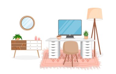 Bilgisayarlı, kabineli, uzaktan kumandalı, serbest çalışan, eğitimli ev işleri için modern iç mekan. Ev bitkileriyle dolu bir işyeri. Çizgi film tarzında vektör illüstrasyonu. Rahat iş yeri ve daire