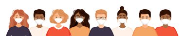 Koronavirüsü, gribi, hava kirliliğini, virüsleri ve hastalıkları önlemek için maske takan bir grup kadın ve erkek sıraya giriyor. Sosyal çeşitlilik. Vektör illüstrasyonu