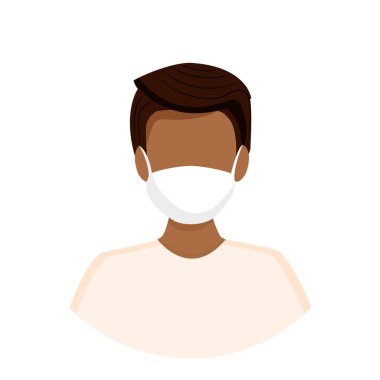 Koronavirüs, grip, hava kirliliği, virüsler ve hastalıklardan korunmak için maske takan Afrikalı Amerikalı bir adamın Avatar 'ı. Genç bir adamın portresi. Bir yüzün vektör illüstrasyonu