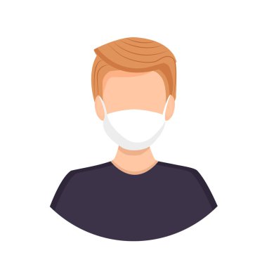 Koronavirüs, grip, hava kirliliği, virüsler ve hastalıklara karşı maske takan sarışın bir adamın Avatar 'ı. Genç bir adamın portresi. Bir yüzün vektör illüstrasyonu