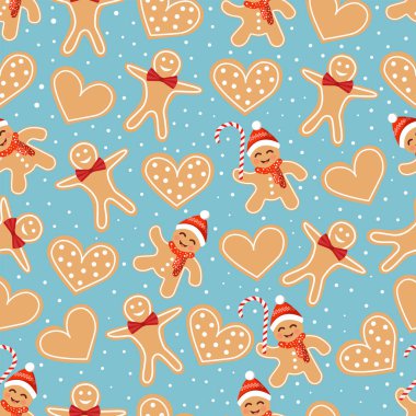 Zencefilli kurabiye, kurabiye ve şekerli Noel dokusu. Mutlu Noeller ve Mutlu Yıllar 'ın temsilcisi. Kusursuz desen. Kış tatili