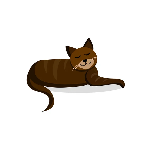 Brown Cute Cat Lies Isolated Background Vector Cartoon Illustration — Stock Vector