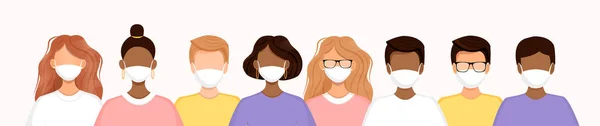 Sekelompok Pria Dan Wanita Berbaris Mengenakan Masker Medis Untuk Mencegah - Stok Vektor