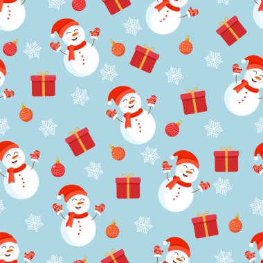 Kardan adamların, hediyelerin, oyuncakların ve kar tanelerinin olduğu Noel dokusu. Mutlu Noeller ve Mutlu Yıllar 'ın temsilcisi. Kusursuz desen. Kış tatili