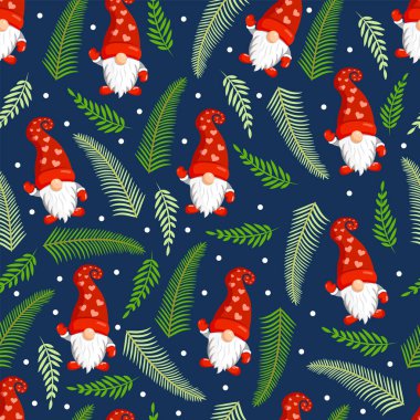 Cüceler ve köknar dallarıyla Noel dokusu. Mutlu Noeller ve Mutlu Yıllar 'ın temsilcisi. Kusursuz desen. Kış tatili İskandinav İskandinav İskandinav cücesi, şirin Noel Gnome elfi