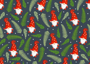 Cüceler ve köknar dallarıyla Noel dokusu. Mutlu Noeller ve Mutlu Yıllar 'ın temsilcisi. Kusursuz desen. Kış tatili İskandinav İskandinav İskandinav cücesi, şirin Noel Gnome elfi