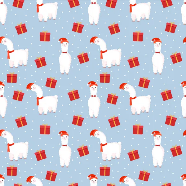 Tekstur Natal Dengan Llama Alpaka Dan Hadiah Liburan Vektor Ilustrasi - Stok Vektor