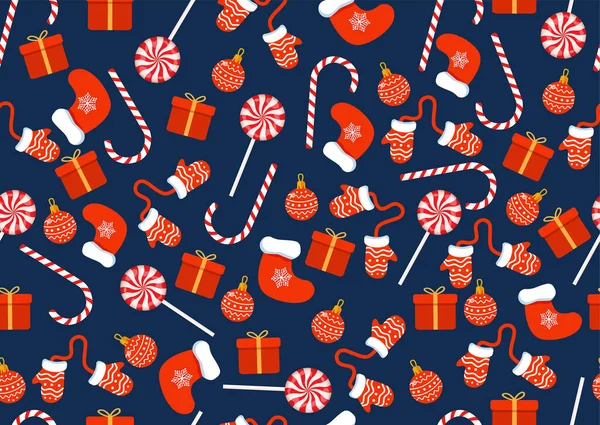 Tekstur Natal Dengan Permen Mainan Hadiah Kaus Kaki Dan Sarung - Stok Vektor