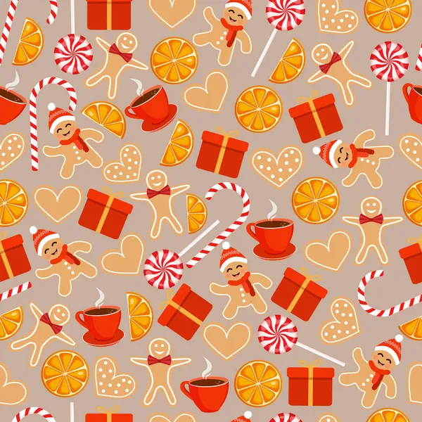 Weihnachtliche Textur Mit Lebkuchen Süßigkeiten Tasse Und Geschenken Vektorillustration Von — Stockvektor