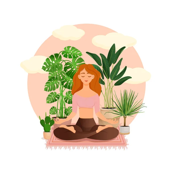 Nilüfer çiçekli güzel kızıl saçlı kız bitkilerle çevrili. Evinde meditasyon yapan bir kadının vektör çizimi. Uyum ve denge. Bacak bacak üstüne attım. İçerideki kız..