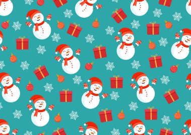 Kardan adamların, hediyelerin, oyuncakların ve kar tanelerinin olduğu Noel dokusu. Mutlu Noeller ve Mutlu Yıllar 'ın temsilcisi. Kusursuz desen. Kış tatili