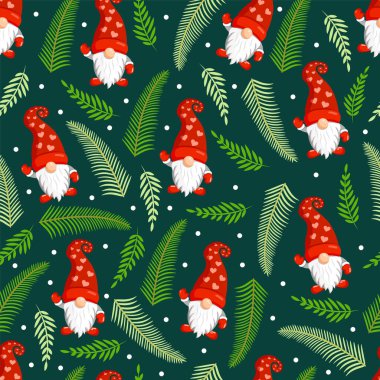 Cüceler ve köknar dallarıyla Noel dokusu. Mutlu Noeller ve Mutlu Yıllar 'ın temsilcisi. Kusursuz desen. Kış tatili İskandinav İskandinav İskandinav cücesi, şirin Noel Gnome elfi