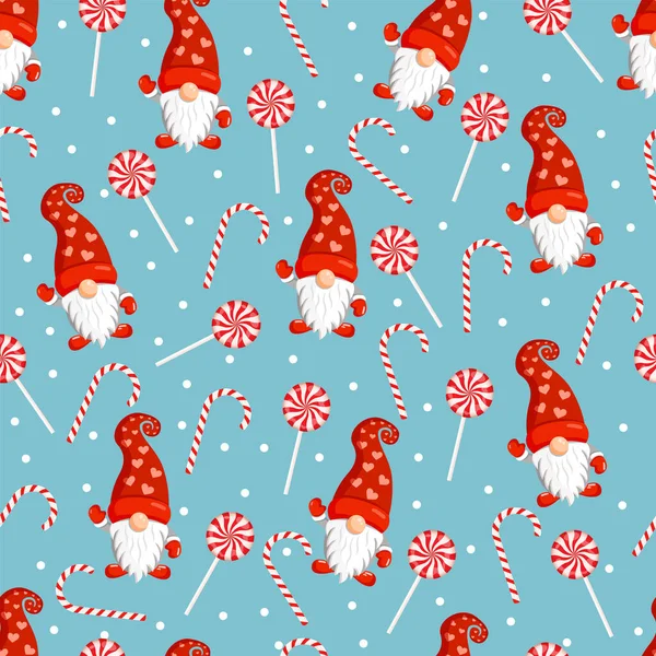 Weihnachtliche Textur Mit Gnomen Und Roten Bonbons Vektorillustration Von Frohe — Stockvektor