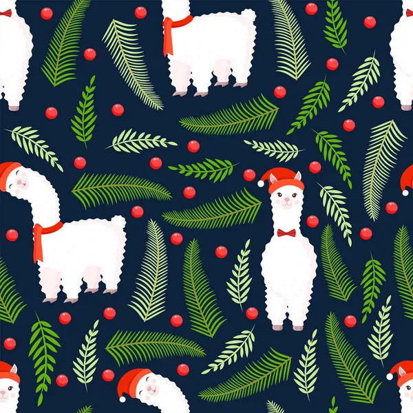Tekstur Natal Dengan Llama Alpaka Beri Dan Cabang Cemara Vektor - Stok Vektor