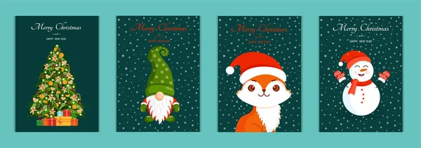 Set Lucu Kartu Natal Koleksi Vektor Ilustrasi Tahun Baru Dengan - Stok Vektor