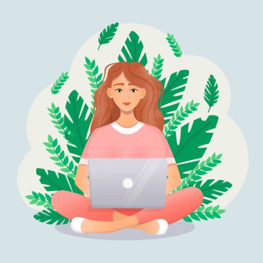 Şirin bir kadın doğada otururken dizüstü bilgisayarda oturuyor. Serbest çalışmanın düz vektör çizimi, evde çalışmak, iş, ofis, eğitim. Sosyal ağlarda uzaktan çalışma ve iletişim. Çizgi film biçimi