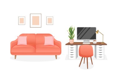 Bilgisayarlı, kabineli, uzaktan kumandalı, serbest çalışan, eğitimli ev işleri için modern iç mekan. Ev bitkileriyle dolu bir işyeri. Çizgi film tarzında vektör illüstrasyonu. Rahat iş yeri ve daire