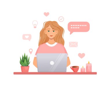 Kadın yönetici mesajlara cevap veren bir bilgisayarda çalışıyor. Çağrı merkezi ve destek servisinin vektör illüstrasyonu