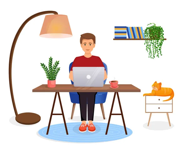 Man Sits Table Works Computer Home Remote Work Freelance Home — Stock Vector