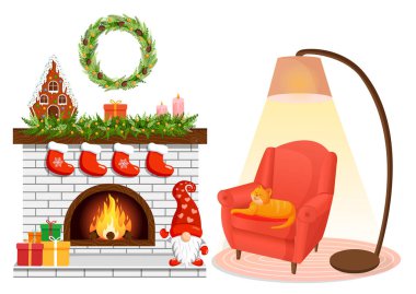 Noel sıcacık evi şöminesi, koltuğu, kedisi ve lambası var. İskandinav ve kızlık zarı stili. Kartpostal, afiş, poster, web sitesi için bir odanın vektör illüstrasyonu.