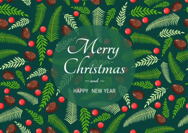 Doğal çam, dal, koni ve böğürtlenli Noel kartı. Mutlu Noeller ve Mutlu Yıllar 'ın temsilcisi. Kusursuz desen ve doku. Tasarım ögeleri