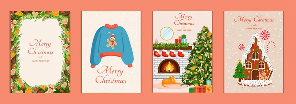 Set Lucu Kartu Natal Ilustrasi Koleksi Vektor Tahun Baru - Stok Vektor