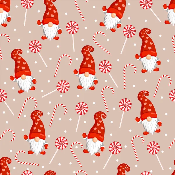 Tekstur Natal Dengan Gnome Dan Permen Merah Vektor Ilustrasi Merry - Stok Vektor